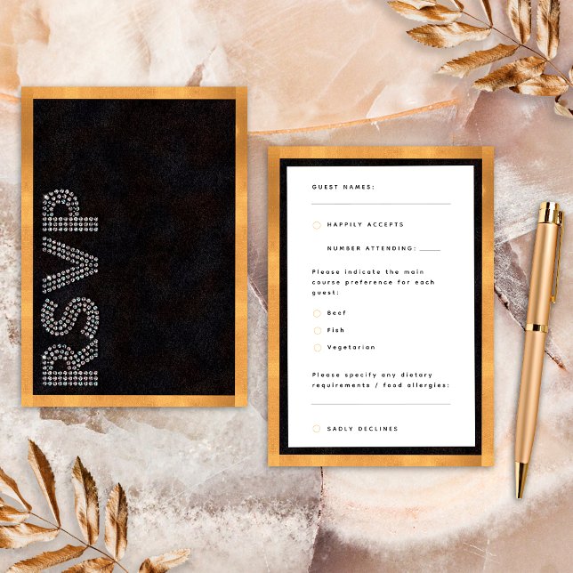 Black Gold Luxurious Wedding RSVP Food Allergies (Front / Back)