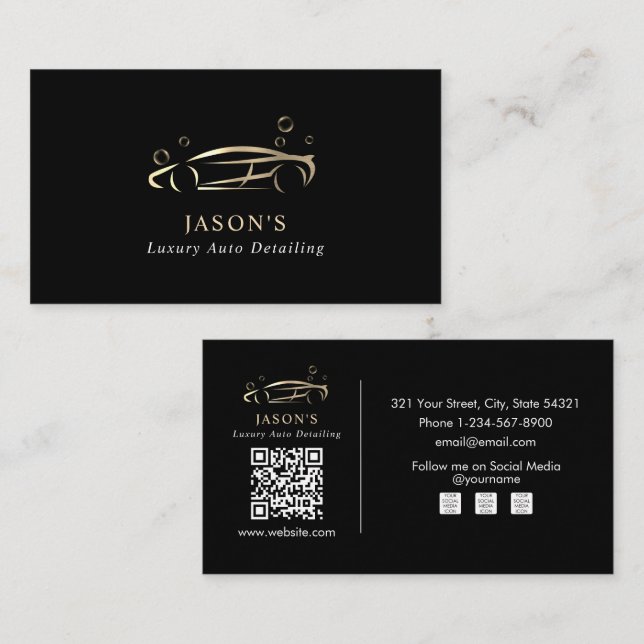 Black & Gold Luxury Auto Detailing Car Cleaning Business Card (Front/Back)