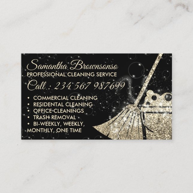 Black Gold Luxury Cleaning Maid Janitorial Business Card (Front)