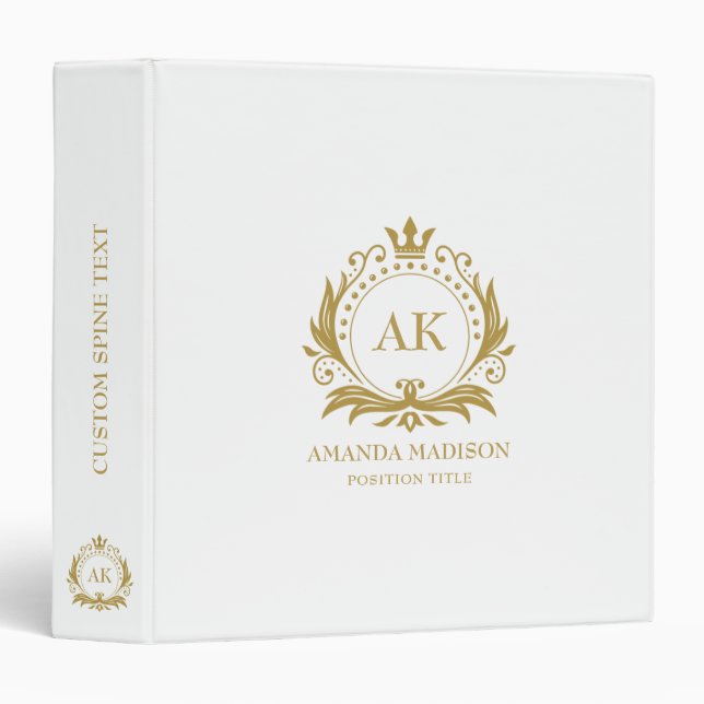 Black Gold Luxury Crown Wedding Monogram 3 Ring Binder (Front/Spine)