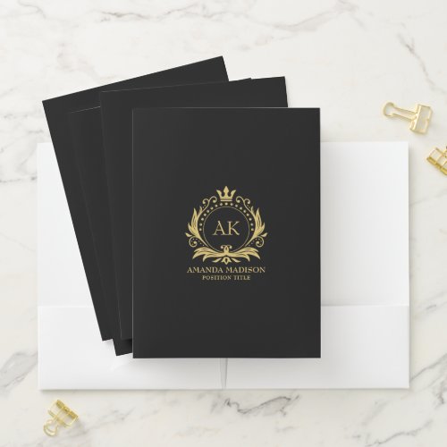 Black Gold Luxury Crown Wedding Monogram Pocket Folder
