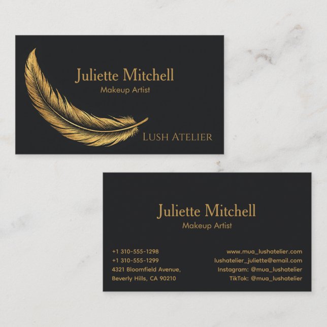 Black & Gold Luxury Feather Makeup Artist Business Card (Front/Back)