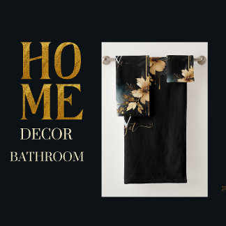 black & gold luxury floral marble swirl bath towel set