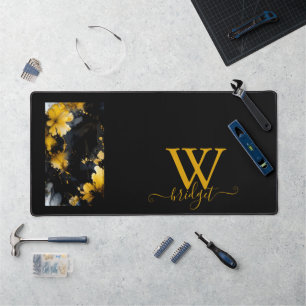 black & gold luxury floral marble swirl desk mat
