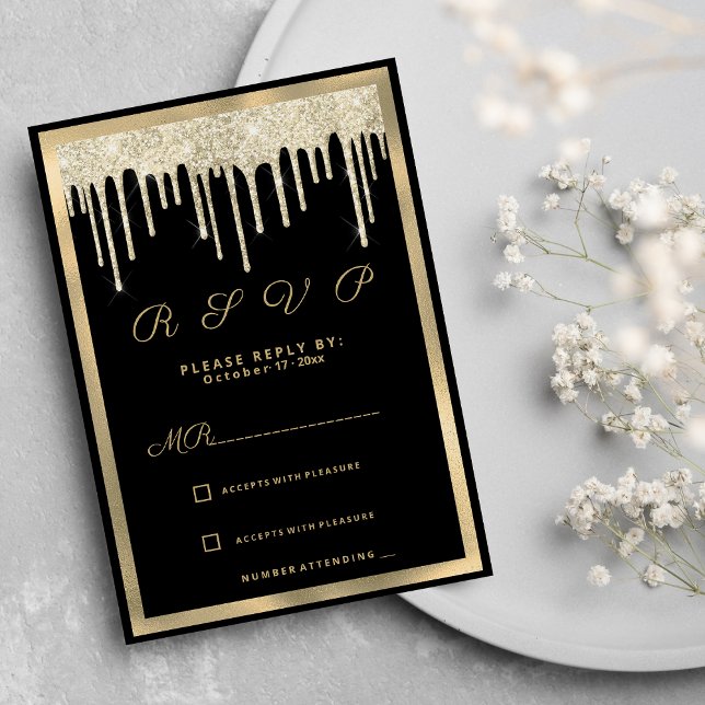 Black gold luxury glitter drips RSVP Invitation (Black gold luxury glitter drips RSVP)
