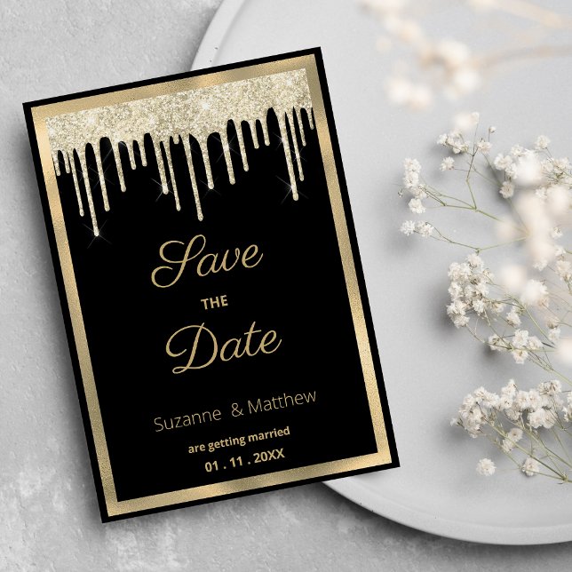 Black gold luxury glitter drips Save the Date Invitation (Black gold luxury glitter drips Save the Date )