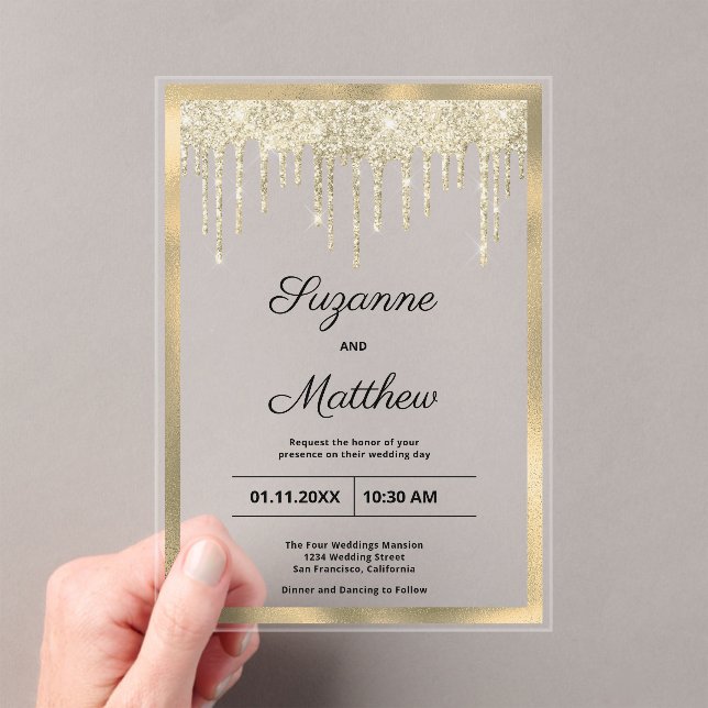 Black gold luxury glitter drips Wedding Acrylic Invitations (Insitu (Handheld))
