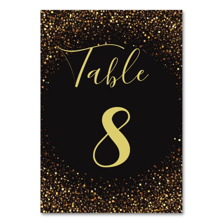 black gold luxury glitters and sparkles wedding table number | Zazzle