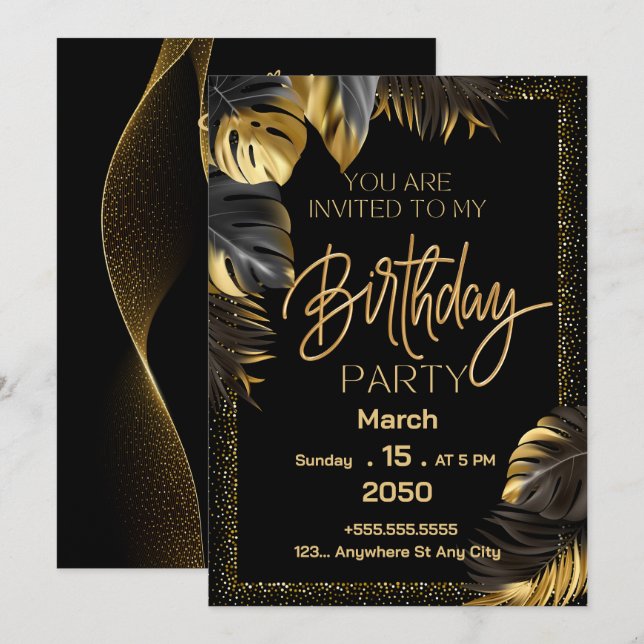 Black Gold Luxury Happy Birthday Party Invitation (Front/Back)