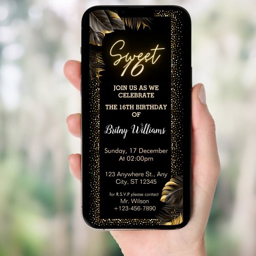 Black Gold Luxury Happy Sweet 16TH Birthday Party  Invitation