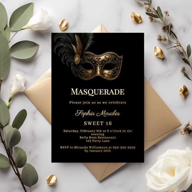 Black gold luxury Masquerade party Sweet 16 Foil Invitation (Creator Uploaded)
