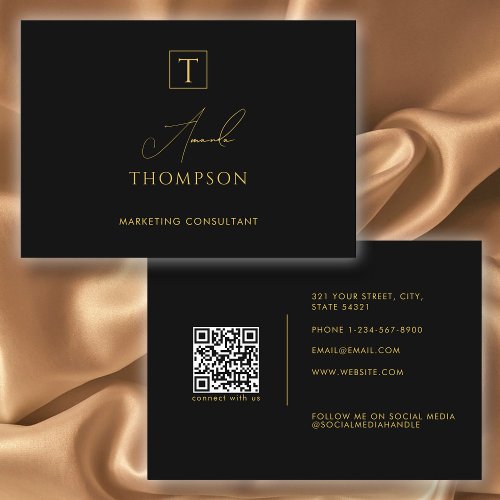 Black Gold Luxury Monogram Social Media QR Code  Business Card