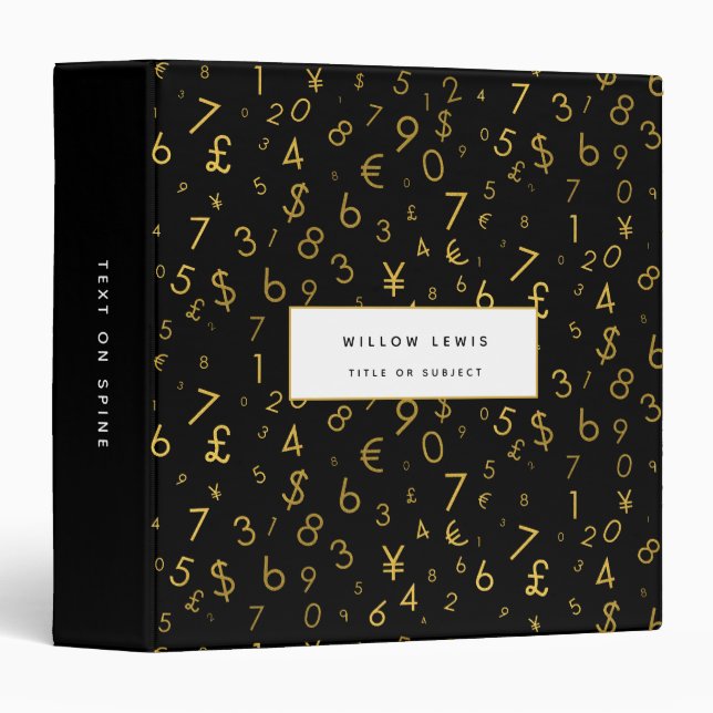 Black Gold Luxury Numbers Currency Symbols Pattern 3 Ring Binder (Front/Spine)
