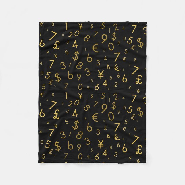 Black Gold Luxury Numbers Currency Symbols Pattern Fleece Blanket (Front)