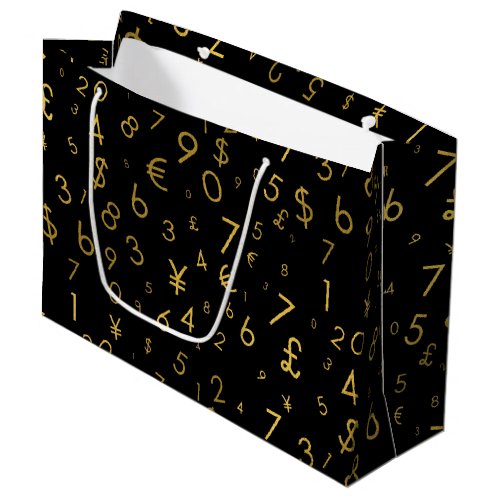 Black Gold Luxury Numbers Currency Symbols Pattern Large Gift Bag