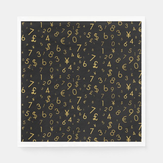 Black Gold Luxury Numbers Currency Symbols Pattern Napkins (Front)