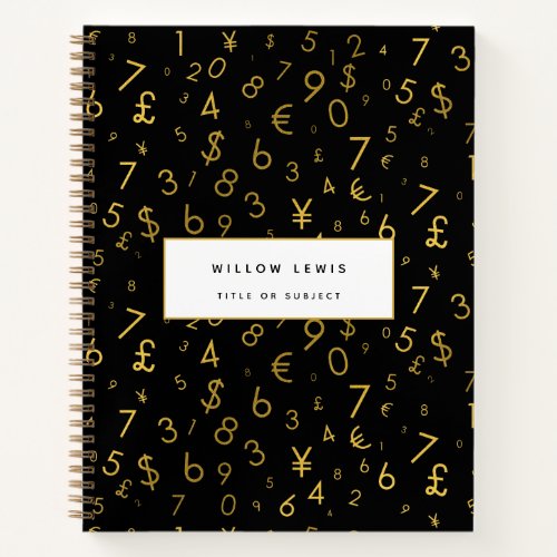 Black Gold Luxury Numbers Currency Symbols Pattern Notebook