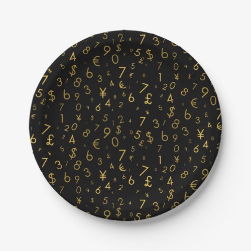 Black Gold Luxury Numbers Currency Symbols Pattern Paper Plates