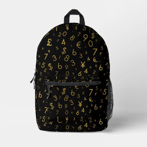 Black Gold Luxury Numbers Currency Symbols Pattern Printed Backpack