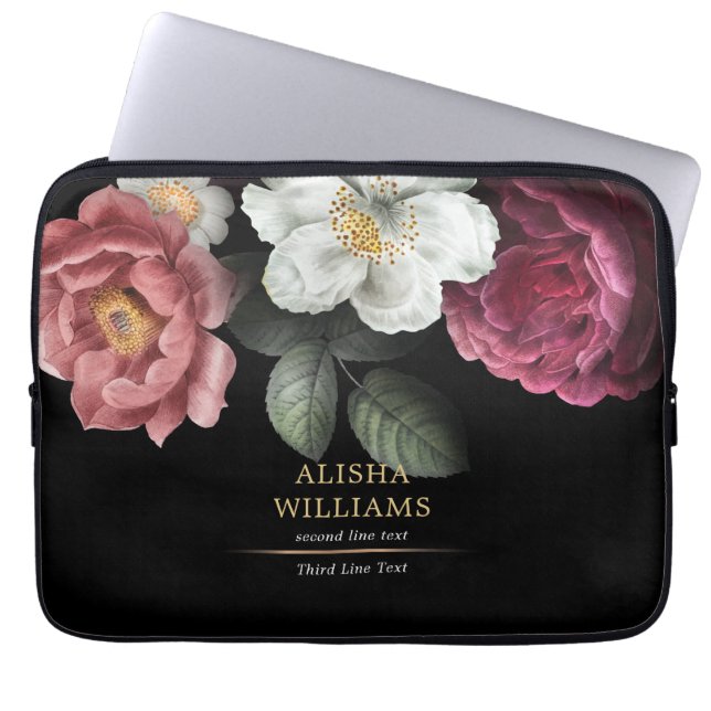 Black Gold Luxury Personalized Floral  Laptop Sleeve (Front)