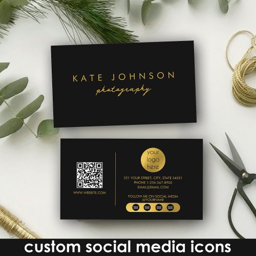 Black Gold Luxury Script QR Code Social Media Business Card