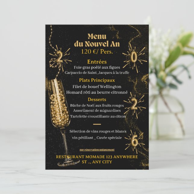 Black & Gold Luxury Sparkle Dinner Menu Template (Standing Front)
