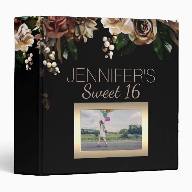 Black Gold Magnolia Floral Sweet Sixteen 3 Ring Binder (Front/Spine)