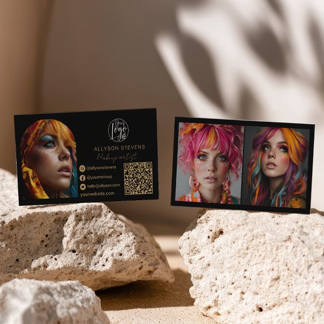 black gold makeup 3 photo Social Media Logo qr Business Card (black gold makeup 3 photo Social Media Logo qr Business Card)