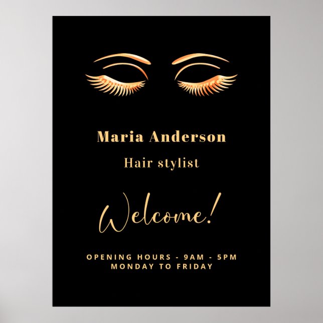 Black gold makeup artist opening hours welcome poster (Front)