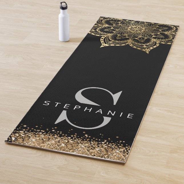 black gold mandala custom monogram name yoga mat (In Situ)