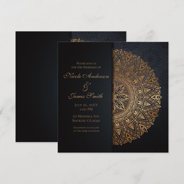 Black & Gold Mandala Elegant Wedding Marriage Invitation (Front/Back)