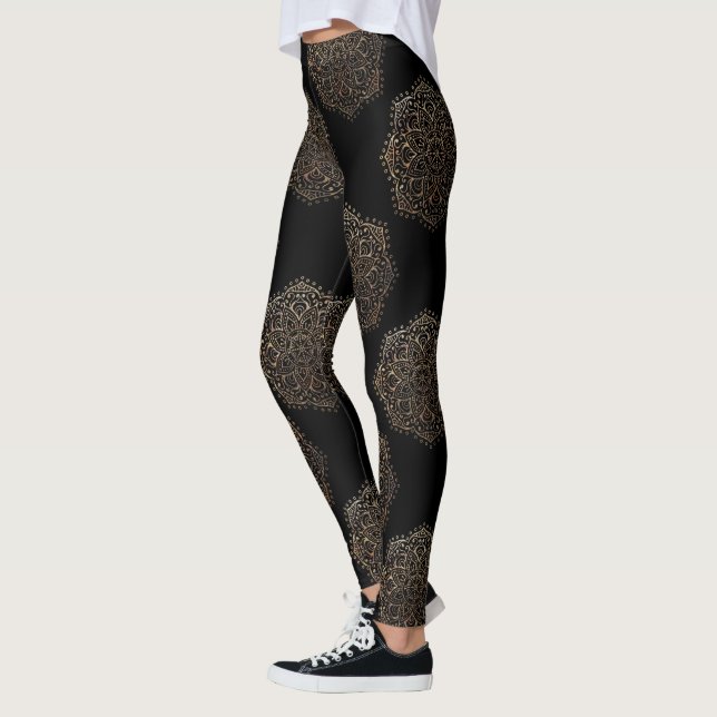 Black Gold Mandalas Pattern | Zen Boho Yoga Pants (Left)