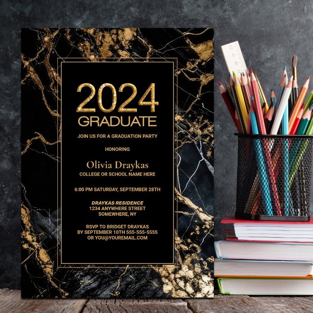 Black Gold Marble 2024 Graduation Party Invitation (Creator Uploaded)