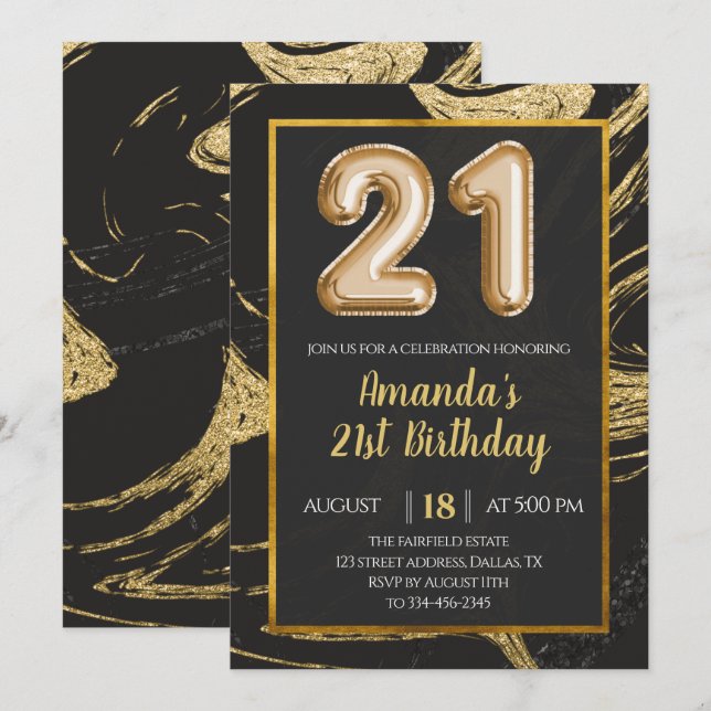 Black Gold Marble 21st Birthday Invitation (Front/Back)