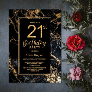 Black Gold Marble 21st Birthday Party Invitation