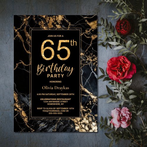 Black Gold Marble 65th Birthday Party Invitation