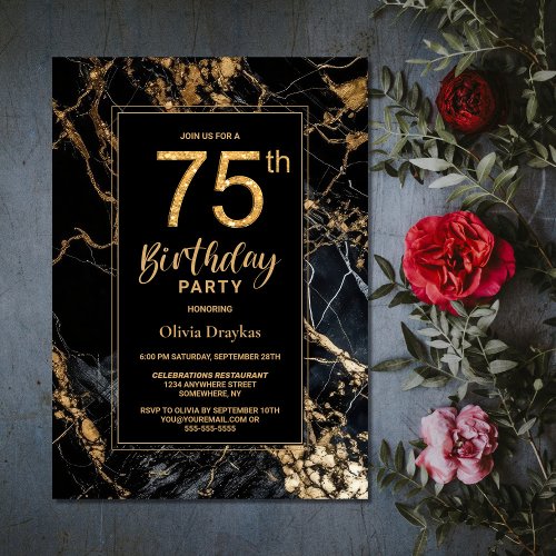 Black Gold Marble 75th Birthday Party Invitation