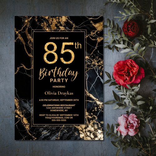 Black Gold Marble 85th Birthday Party Invitation