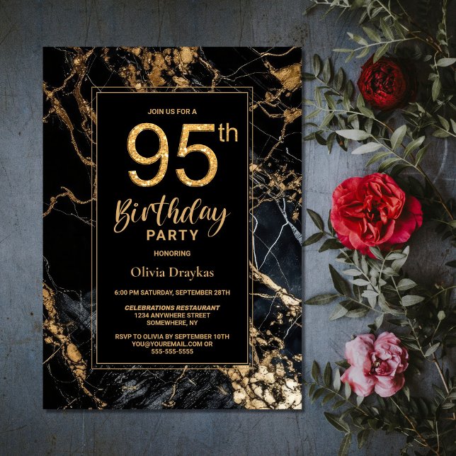 Black Gold Marble 95th Birthday Party Invitation (Creator Uploaded)