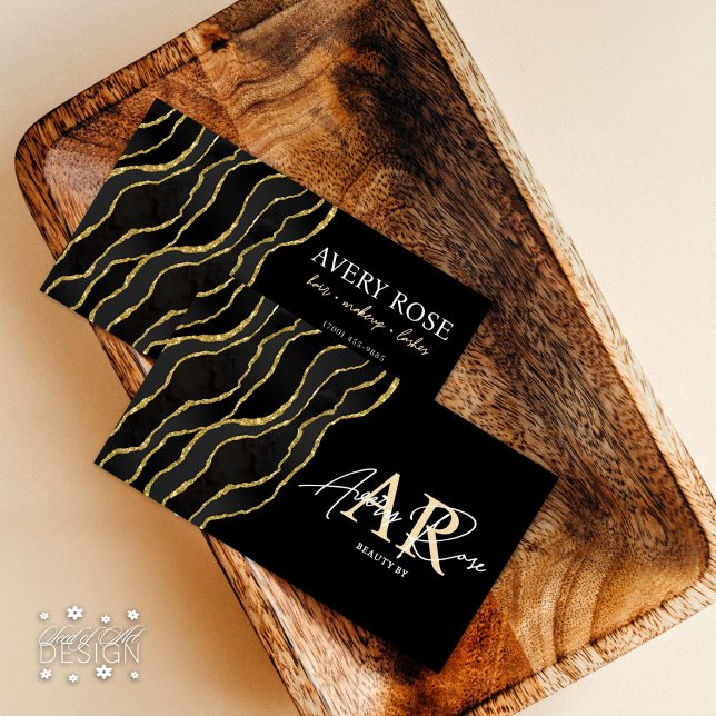 Black Gold Marble Agate Cosmetologist Beauty Business Card (Creator Uploaded)