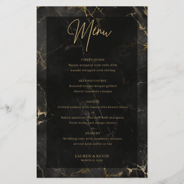 Black gold marble agate menu card (Front)
