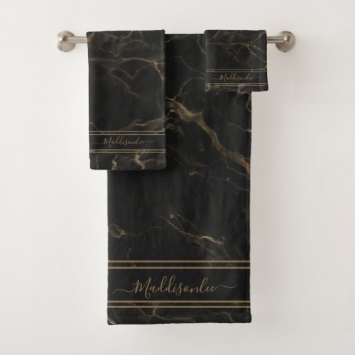   Black Gold Marble Agate Monogram Name Bath Towel Set