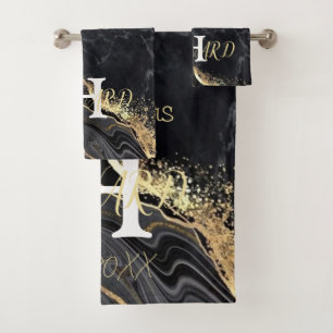 Black Gold Marble Agate Monogram Name Newlyweds Bath Towel Set