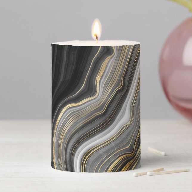 Black Gold Marble Agate Pillar Candle (In Situ)