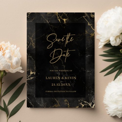 Black gold marble agate save the date invitation
