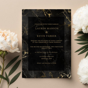 Black gold marble agate wedding invitation