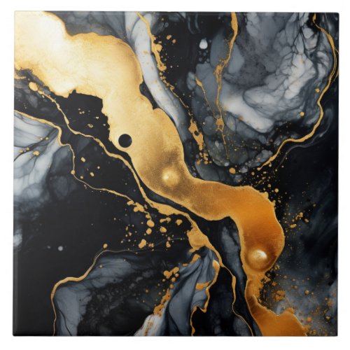 Black Gold Marble Alcohol Ink Abstract  Ceramic Tile