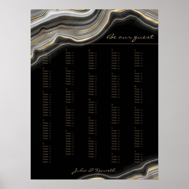Black Gold Marble Alphabetical Wedding Poster (Front)