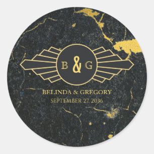 Black Gold Marble Art Deco Wedding Classic Round Sticker