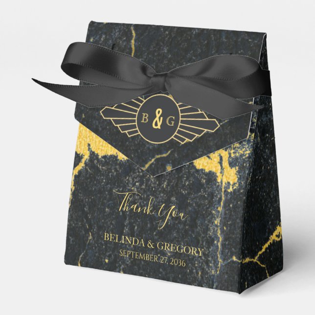 Black Gold Marble Art Deco Wedding Favor Boxes (Front Side)